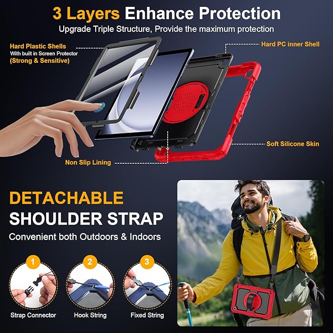 Case for Samsung Galaxy Tab A9+/A9 Plus 11 Inch 2023(SM-X210/X216/X218), Ubearkk Full-Body Drop Protection Case with Screen Protector, 360° Rotating Stand and Hand/Shoulder Strap, Red