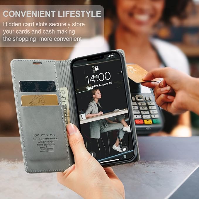 QLTYPRI Case for iPhone 14, Vintage PU Leather Wallet Case Card Slot Kickstand Magnetic Closure Shockproof Flip Folio Book Case Cover for iPhone 14(6.1 inch) - Grey