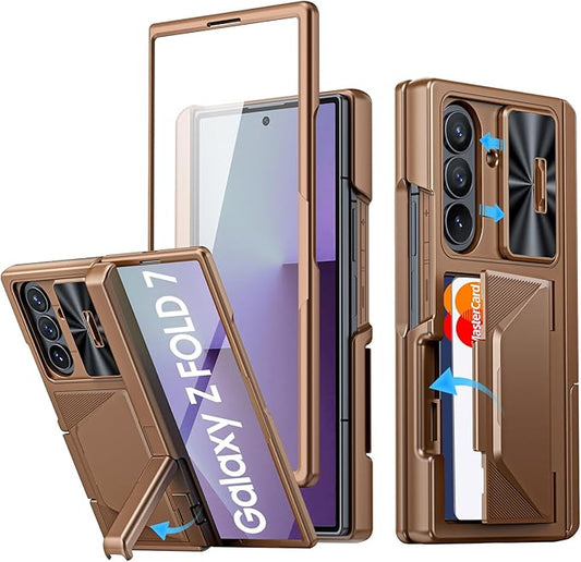 for Samsung Galaxy Z Fold 7 Case with Card Holder RFID Blocking, Built in Slide Lens Cover & Hinge Protection & Kickstand & Screen Protector, Shockproof Wallet Case for Z Fold 7 (Desert Gold)