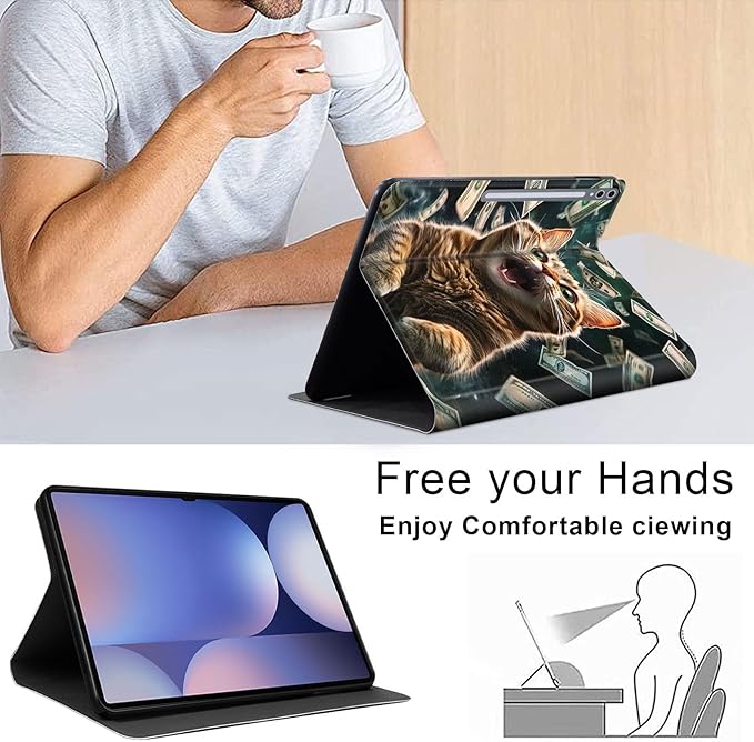 Case for Samsung Galaxy Tab S10 Plus/ S9 FE Plus/ S9 Plus 5G Tablet 12.4'', Slim PU Leather Stand Cover with Auto Wake/Sleep, Multi-Angle Viewing & Shockproof, Excited Cat