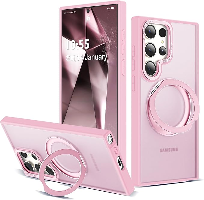 Compatible with Samsung Galaxy S22 & S23 Ultra Case with 360Rotatable Magnetic Ring Stand Compatible with Mag-Safe Military Protection Shockproof Translucent Phone Case,Pink