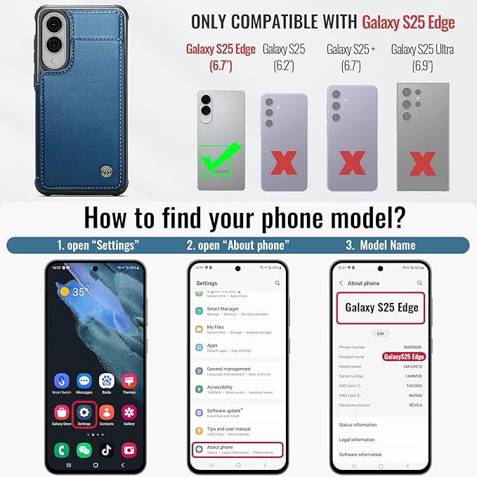 Vinich for Samsung Galaxy S25 Edge Wallet Case with Card Holder, RFID Blocking Credit Slots Kickstand Shockproof Phone Cover for Women Men, Blue