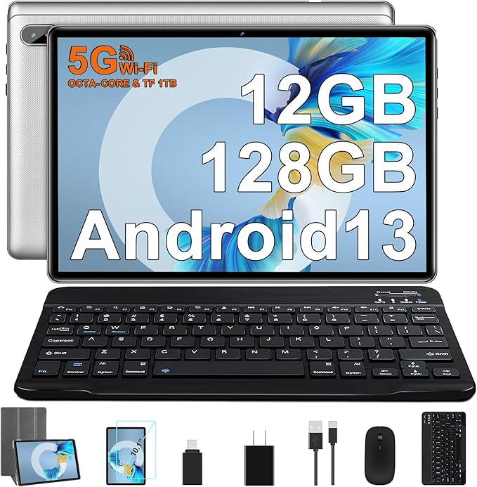 Tablet 10 inch 2025 Android 13 Octa-Core 2.0 GHz with 12GB RAM 128GB ROM TF 1TB, 5G WiFi, 6000mAh, FHD IPS Touchscreen, Bluetooth 5.0, 1280 * 800, 5+8 MP, 2 in 1 Tablet with Keyboard and Mouse, Silver