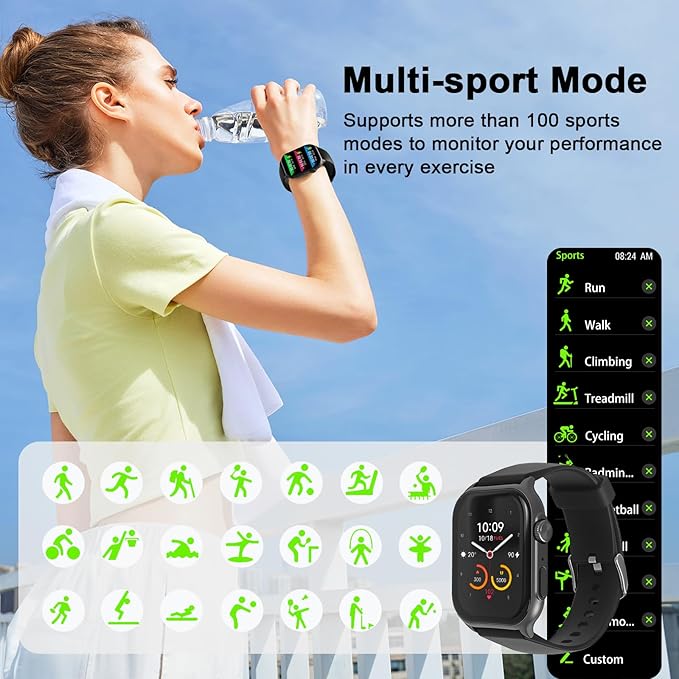 AOC Smartwatch Fitness Sports Watch E09, AI GPT Bluetooth Call, Voice Assistant‌, AMOLED 1.96 Touchscreen, Heart Rate & Sleep Monitor‌ing, IP67 Waterproof Sports Modes Smart Watch, Black