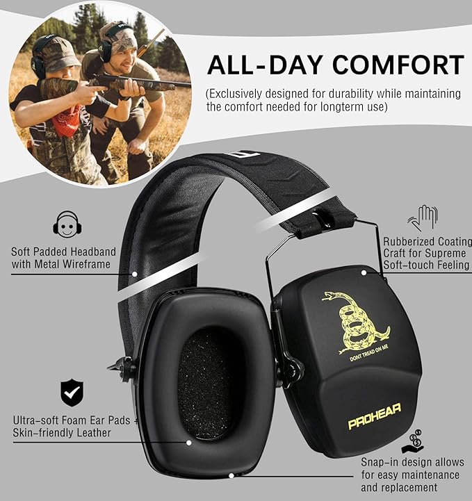 PROHEAR 016 Ear Protection Safety Earmuffs for Shooting, NRR 26dB Noise Reduction Slim Passive Hearing Protector with Low-Profile Earcups, Compact Foldable Ear Defenders for Gun Range, Hunting (DTOM)