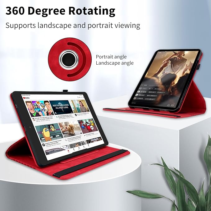 Case for Samsung Galaxy Tab S10 Plus 2024/ S9 Plus/S9FE Plus 12.4,360 Degree Rotating PU Leather Folio Protective Cover with Auto Sleep/Wake,Card Holder&Shoulder Strap for Woman Man, Red