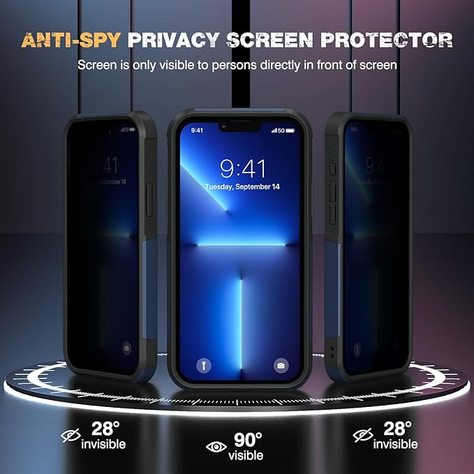 Diaclara Designed for iPhone 13 Pro Max Case, [with Privacy Screen Protector] [Anti Spy] [Military Grade Drop Protection] Heavy Duty Full-Body Shockproof Phone Case, Dark Blue