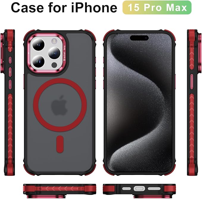 Magnetic for iPhone 15 Pro Max Case Red with MagSafe Wireless Charging Heavy Duty Military-Grade Shockproof Protection Adjustable Kickstand Slim Matte Anti-Fingerprint Cover Men Women