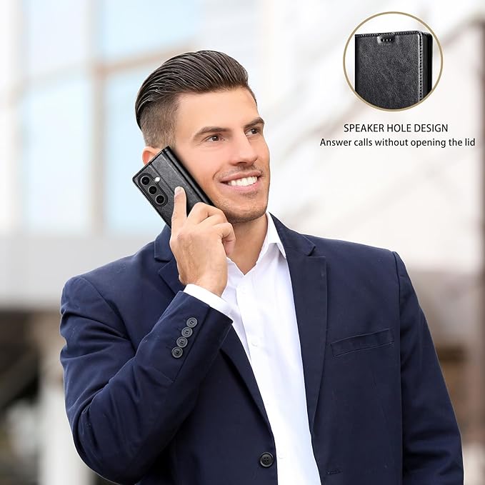 for Samsung Galaxy S25 Plus Genuine Leather Wallet Case, Built-in Card Holder [RFID Blocking] & Kickstand, Protective Shockproof Phone Case for S25 Plus, Black