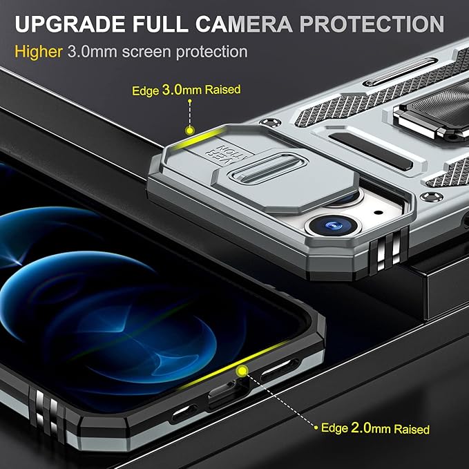 Phone Case for iPhone 14 Plus Case with Kickstand Ring Holder, with Camera Cover, with Magnetic Car Mount Function, for iPhone 14 Plus (Grey)