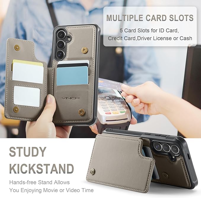 Vinich for Samsung Galaxy S25 Plus Wallet Case with Card Holder, RFID Blocking Credit Slots Kickstand Shockproof Phone Cover for Women Men, Gray