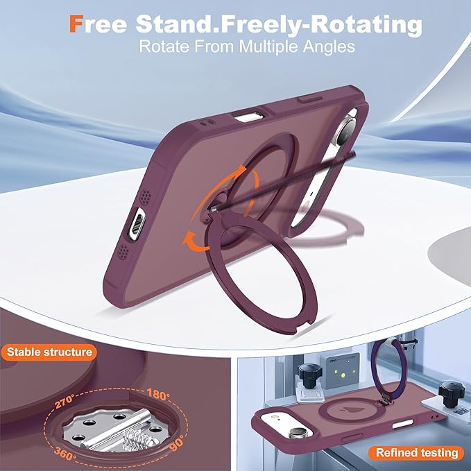 Compatible with iPhone 17 Air Case with Invisible Magnetic 360°Spin Stand,Military-Grade Shockproof Protection [Compatible with Mag-Safe] Non-Slip Edge Translucent Case (6.5",Wine Red)