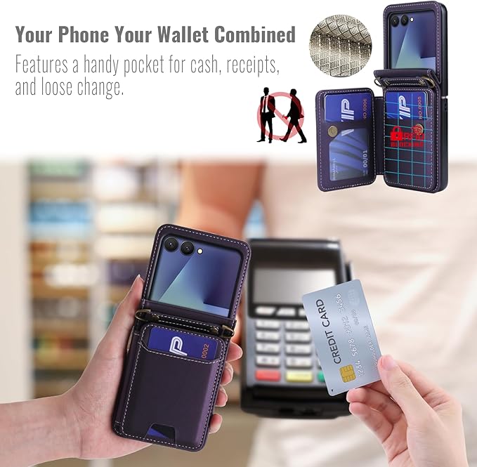 ASAPDOS for Samsung Galaxy Z Flip 7 PU Leather Wallet Phone Case with Card Slots (Holds 5 Cards), Anti-Drop Protection, Wrist & Shoulder Strap Purple