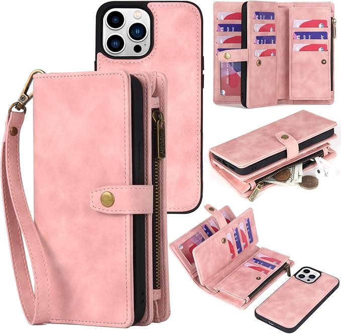 TwoHead Wallet Case Compatible with iPhone 15 Pro,Detachable Magnetic Phone Case,All-Round Protective Leather Phone Case with Card Holder,6.1",Pink