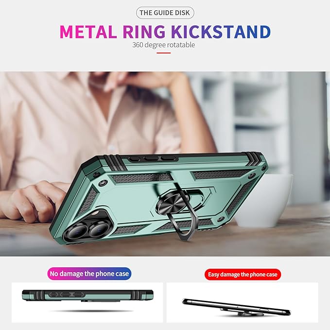 ADDIT Compatible with iPhone 17 Case with Tempered Glass Screen Protector, Adjustable Kickstand Ring, Military-Grade Heavy Duty Protection, Shockproof, Anti-Fingerprint,Teal