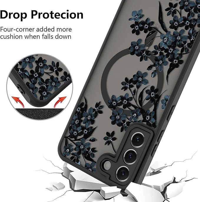 Fiyart Designed for Samsung Galaxy S21 Plus Case Matte Flowers Design Compatible with MagSafe Wireless Charging,Cute Floral Anti-Scratch Translucent Phone Cover for Women Girls 6.7"-Black