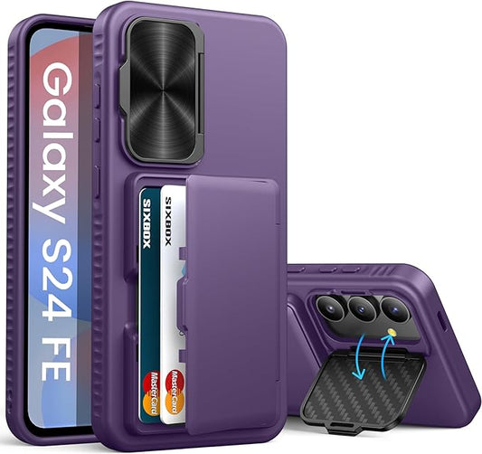 for Samsung Galaxy S24 Fe Case with Kickstand & Card Holder & Camera Lens Cover, Military Grade Drop Protection Shockproof Rugged Stand Wallet Phone Case for Galaxy S24 Fe 6.7" 2024, Purple