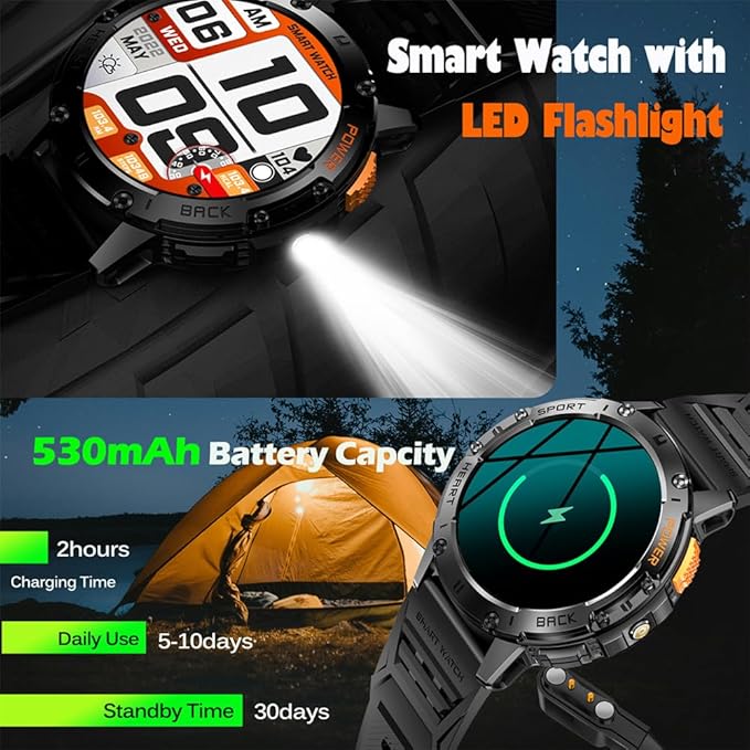 1.43" Amoled Ultra Military Smart Watch for Men(Answer/Dial Calls) 100+Sports Modes,5ATM Waterproof 530mAh Large Battery Super Long Standby with LED Flashlight,Heart Rate,SpO2,BP Android iOS