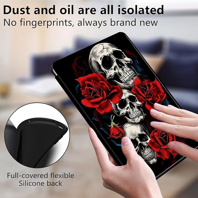 Case for Lenovo Tab P11 Plus Case 2021 (TB-J616F / J616X), 360 Degree Rotating Folding Stand,with Auto Sleep/Wake Case for Lenovo Tab P11 11” 2020 (TB-J606F TB-J606X),Floral Flower Rose Skull