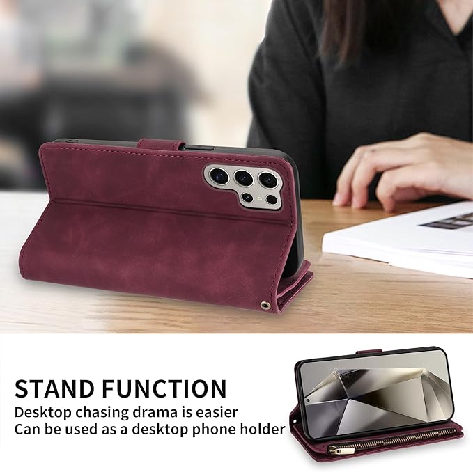ZZXX for Samsung Galaxy S24 Ultra Wallet Case with RFID Blocking Card Slot PU Leather Zipper Flip Folio with Strap Kickstand Protective Cover for Galaxy S24 Ultra Case Wallet(Wine Red-6.8 inch)