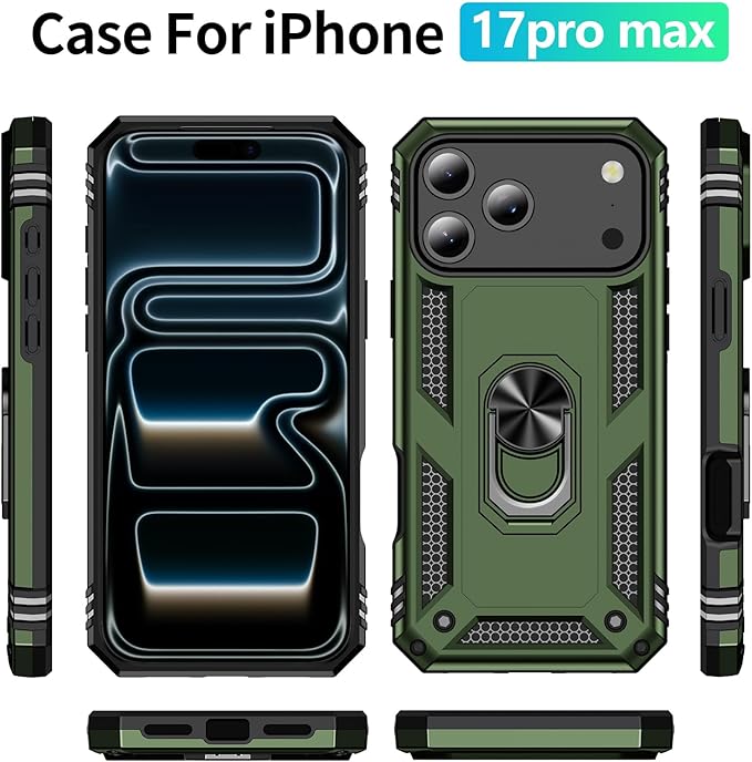 ADDIT Compatible with iPhone 17 Pro Max Case with Tempered Glass Screen Protector, Adjustable Kickstand Ring, Military-Grade Heavy Duty Protection, Shockproof, Anti-Fingerprint,ArmyGreen