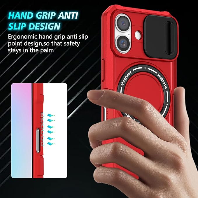 for iPhone 16 Plus Case Magnetic Compatible with MagSafe Wireless Charging,Built-in 360°Kickstand,with Camera Cover,with 2 Screen Protector,Anti-Scratch Shockproof Heavy Duty Protection Red