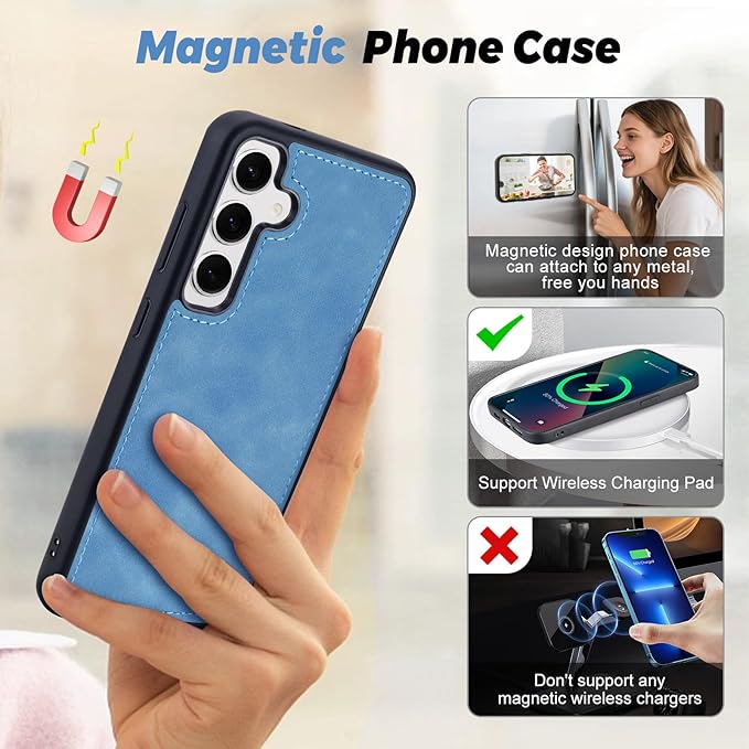 TwoHead for Samsung Galaxy S24 Wallet Case with Card Holder,Detachable Magnetic Phone Case for Galaxy S24,PU Leather Shockproof Protective Phone Cover Wallet with Wrist Strap(6.1 in,Sky Blue)