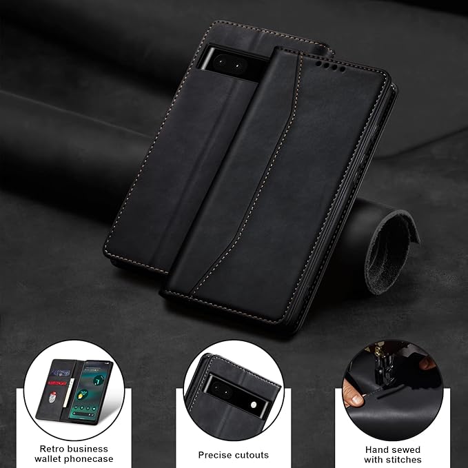 Jasonyu Flip Wallet Case for Google Pixel 6A 5G,Leather Magnetic Folio Cover with Card Holder,Kickstand - TPU Shockproof Durable Protective Phone Case,Black