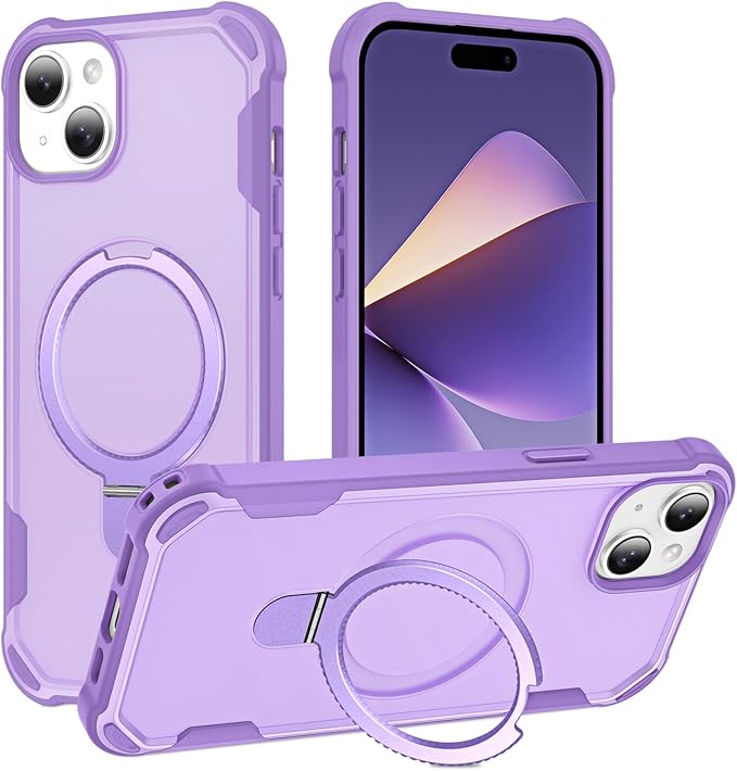 Compatible with iPhone 15 Case with Invisible Magnetic Ring Stand [Compatible with Magnetic] [Military Drop Protection] Shockproof Slim Hard Back Soft Edge Case 6.1 Inch, Purple