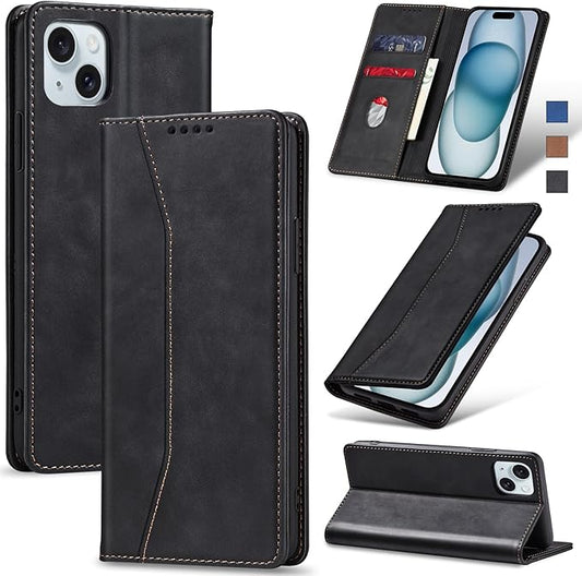 Jasonyu Flip Wallet Case for iPhone 15,Leather Magnetic Folio Cover with Card Holder,Kickstand - TPU Shockproof Durable Protective Phone Case,Black