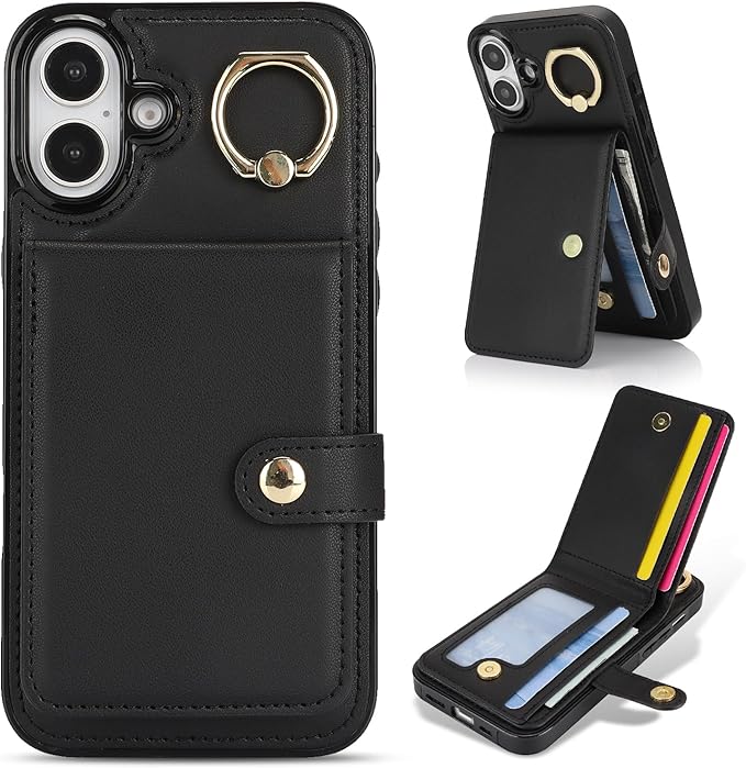 Compatible iPhone 16 Plus Wallet Case with Card Holder RFID Blocking PU Leather Doubles as a Wallet Unisex Flip Shockproof Protection with Card Slots Ring Wrist Kickstand Function,Black