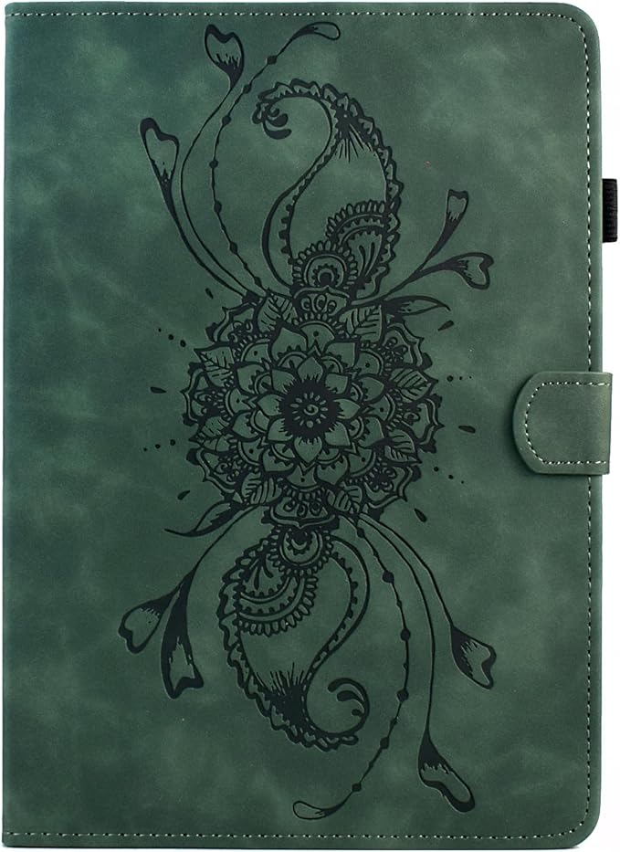 Mandala Flower Case Compatible with Galaxy Tab A9+ Plus 11 Inch 2024 2023 (SM-X210/X216/X218), Cute Elegant Embossed Suede Leather Folio Stand Case Protective Cover with Auto Wake/Sleep, Vintage Green