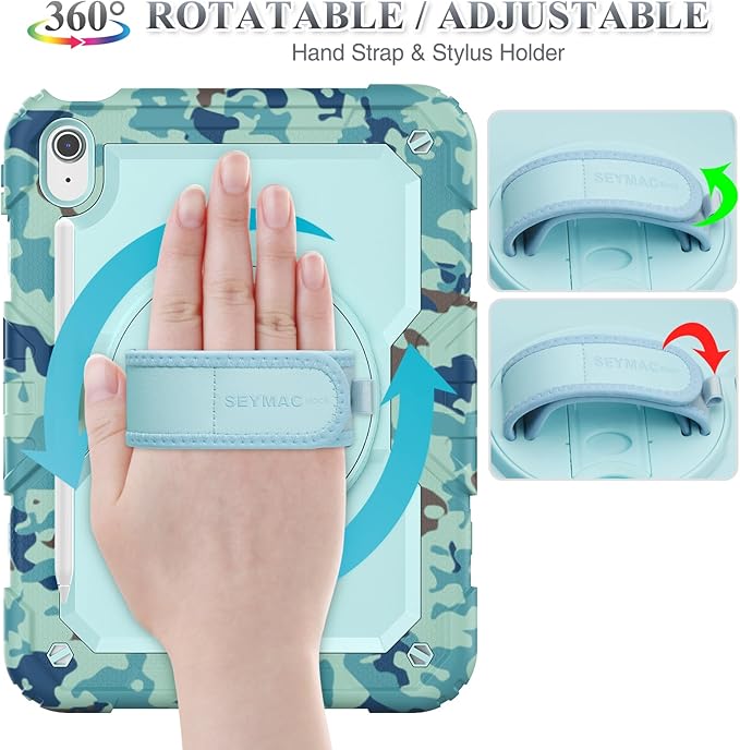 SEYMAC stock Case for iPad (A16) 11th/10th Generation 11''/10.9'' 2025/2022, Full-Body Drop Protection Case with Screen Protector &360° Rotate Hand Strap/Stand, SkyBlue Camo