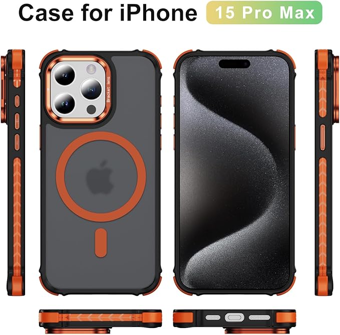 Magnetic for iPhone 15 Pro Max Case Orange with MagSafe Wireless Charging Heavy Duty Military-Grade Shockproof Protection Adjustable Kickstand Slim Matte Anti-Fingerprint Cover Men Women