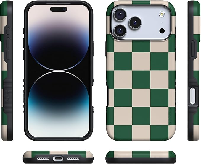 Casely iPhone 17 Pro Case | Fit Check | Green Checkerboard | Compatible with MagSafe | Bold Protective Design