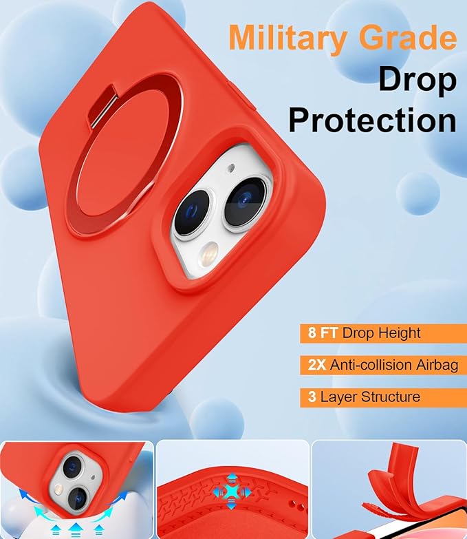 ZHK Liquid Silicone Designed for iPhone 13/14 Case with Magnet Stand, [Mil-Grade Drop Shockproof][Soft Anti-Scratch Microfiber Lining] Slim Fit Cover, Red