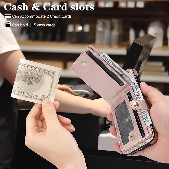 Compatible iPhone 16e Wallet Case with Card Holder RFID Blocking PU Leather Doubles as a Wallet Unisex Flip Shockproof Protection with Card Slots Ring Wrist Kickstand Function,Rose Gold