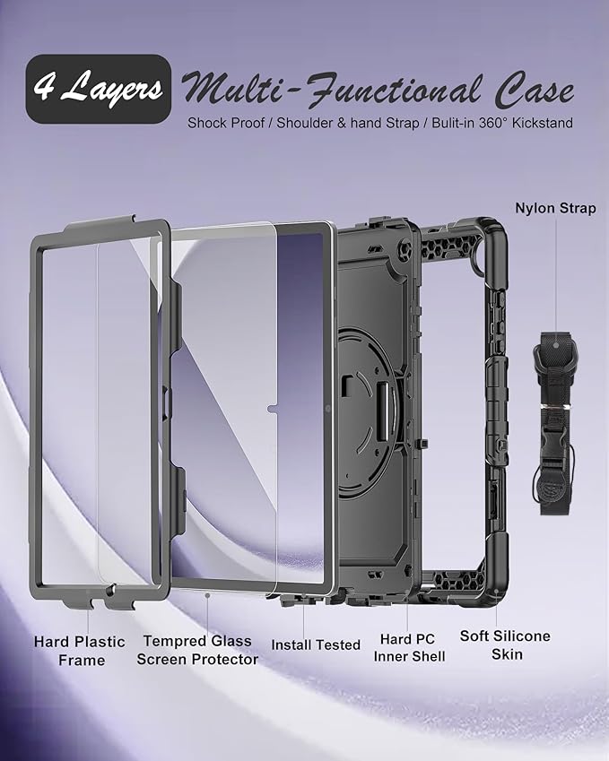 Case for Samsung Galaxy Tab A9 Plus Tablet Case 11 inch 2023 [with Tempered Glass Screen Protector],Rotatable Kickstand,S Pen Holder,Hand/Shoulder Strap (Black)