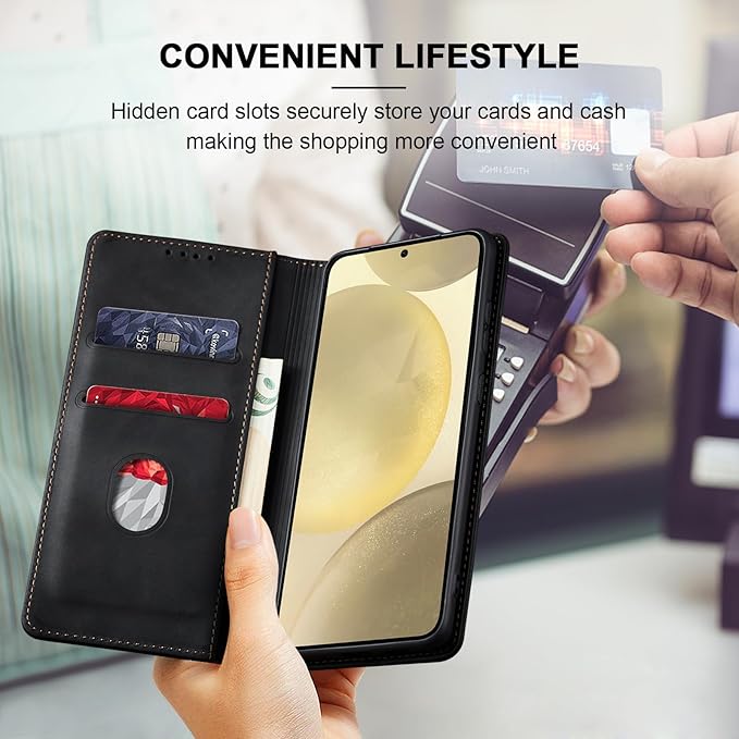 Jasonyu Flip Wallet Case for Samsung S24 5G,Leather Magnetic Folio Cover with Card Holder,Kickstand - TPU Shockproof Durable Protective Phone Case,Black