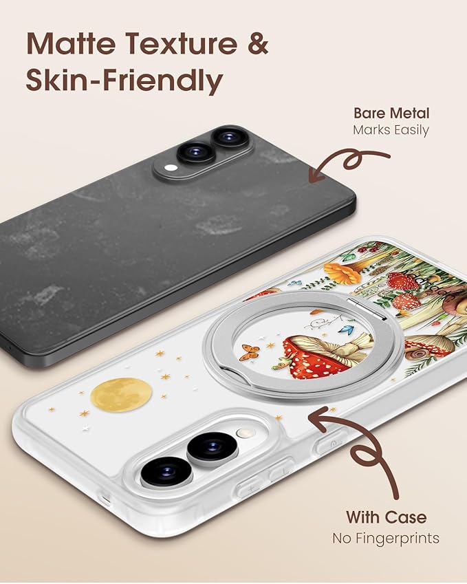 for Samsung Galaxy S25 Edge Case with 360° Rotatable Magnetic Ring - Compatible with MagSafe, Semi-Transparent Soft-Touch Material Shockproof, Cute Mushroom & Butterfly Design for Women Girl