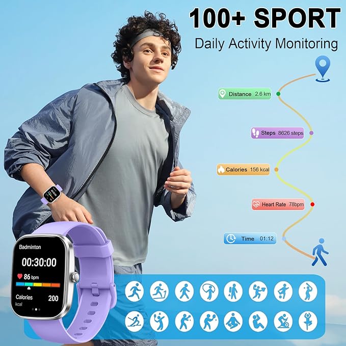 Smart Watch(Answer/Make Call), 1.91" Smartwatch for Men Women, New Fitness Watch with 110+ Sport Modes, Fitness Activity Tracke with Pedometer/Sleep Monitor/Heart Rate/IP68 Waterproof, Silver Purple