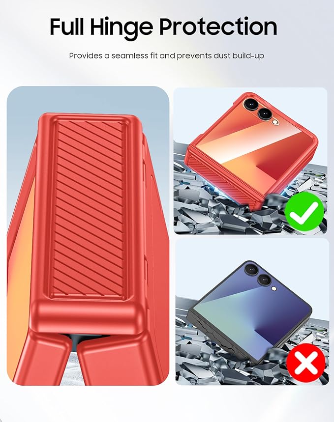 CENMASO for Samsung Galaxy Z Flip 7 Case with Card Holder [RFID Blocking] & Hinge Protection & HD Screen Protector, Rugged Anti-Scratch Full-Body Shockproof Phone Case for Z Flip 7-Coral Red