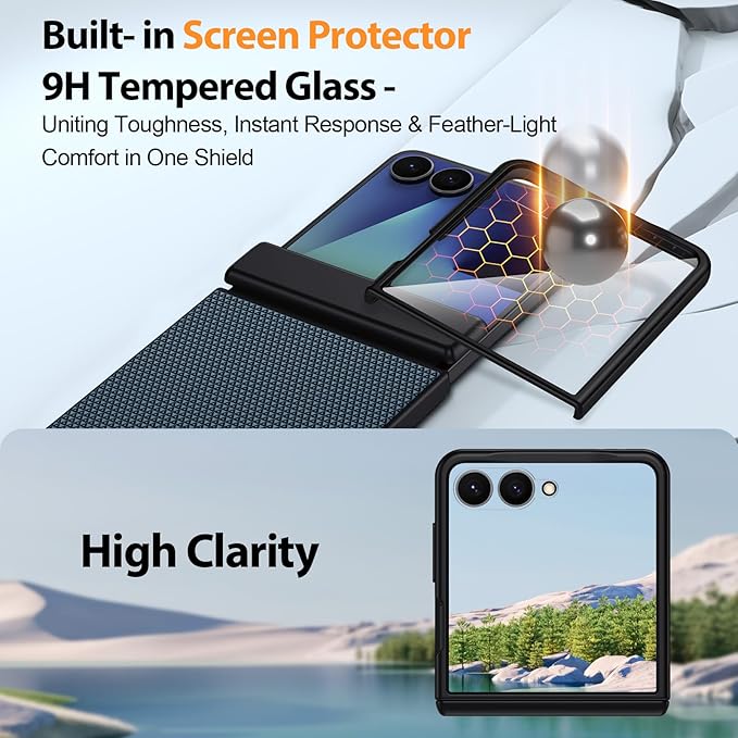 for Samsung Galaxy Z-Flip-7 Case: Ant-Slip Grip 3D Texture & Magnetic Hinge Protection, 9H Glass Screen Protector, TPU Shockproof Militray-Grade Protective Phone Cover for Flip7 2025, Blue