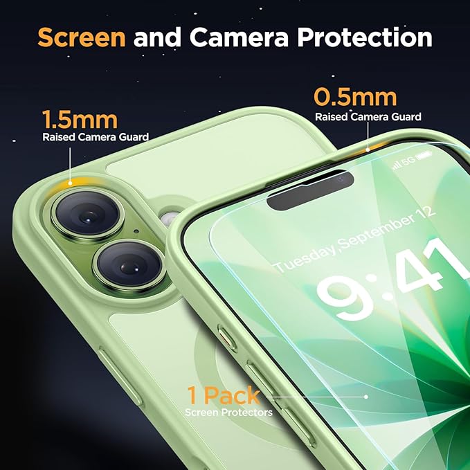 Miracase Magnetic for iPhone 17 Case (Compatible with MagSafe) with Screen Protector Military-Grade Protection, Anti-Fingerprint Translucent Matte Phone Cover for iPhone 17 6.3 inch, Matcha Green