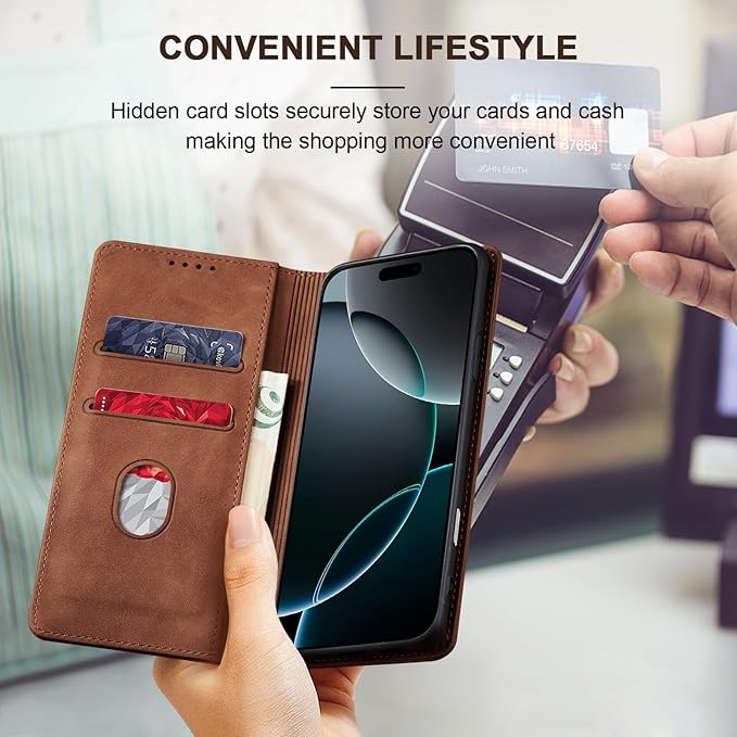 Jasonyu Flip Wallet Case for iPhone 16 Pro,Leather Magnetic Folio Cover with Card Holder,Kickstand - TPU Shockproof Durable Protective Phone Case,Brown