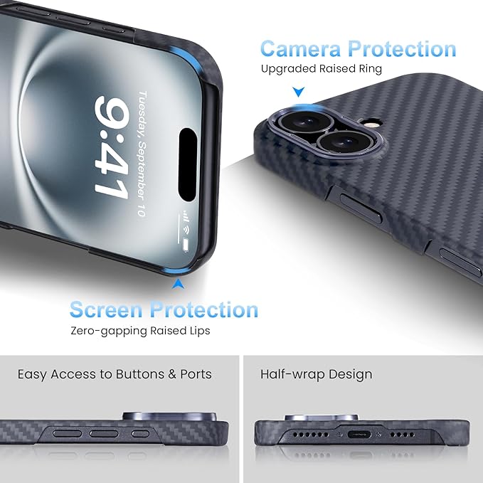 Aramid Fiber Case for iPhone 16 Plus, Compatible with Magnet, Slim & Light, Case-Less Touch Feeling, Black/Grey(Twill)