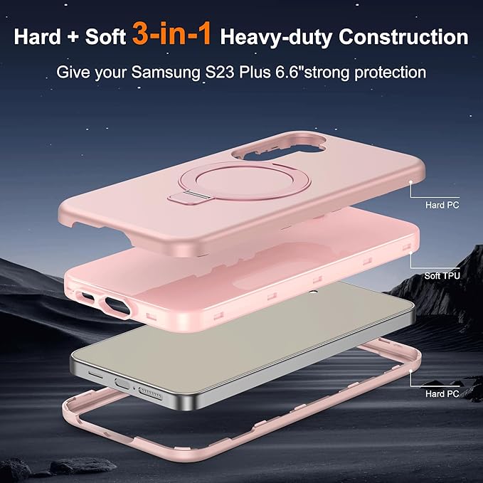 Designed for Samsung Galaxy S23 Plus Case with Magnetic Ring Stand [Compatible with Mag-Safe][Military Grade Drop Protection][Build in Kickstand] Shockproof S23 Plus Phone Case 6.6",Rose Gold