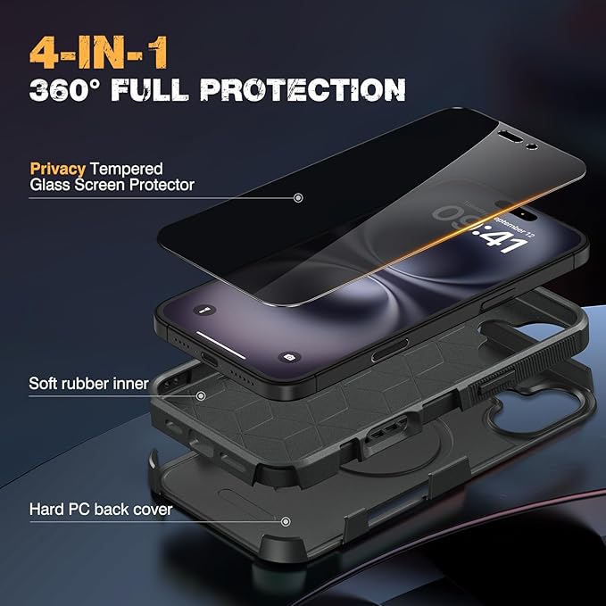Diaclara Magnetic for iPhone 16 Plus Case, [with Privacy Screen Protector] [Anti Spy] [Military Grade Drop Protection] Heavy Duty Full-Body Shockproof Phone Case, Magnetic Black