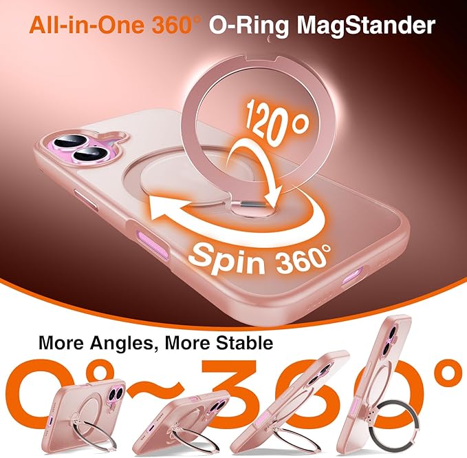 360° O-Ring MagStander for iPhone 16 Case with Magnetic Kickstand Ring Holder [Compatible with MagSafe][360°Rotate Stand Ring][Military Shockproof] Magnet iPhone 16 Phone Cover Matte Pink