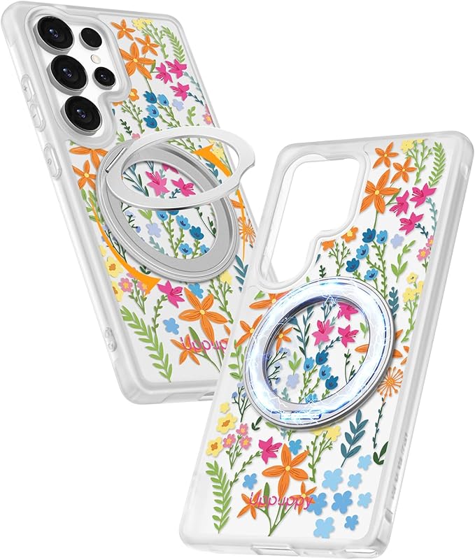 for Samsung Galaxy S25 Ultra Case with 360° Rotatable Magnetic Ring - Compatible with MagSafe, Semi-Transparent Soft-Touch Material Shockproof, Cute Colors Flower Design for Women Girl